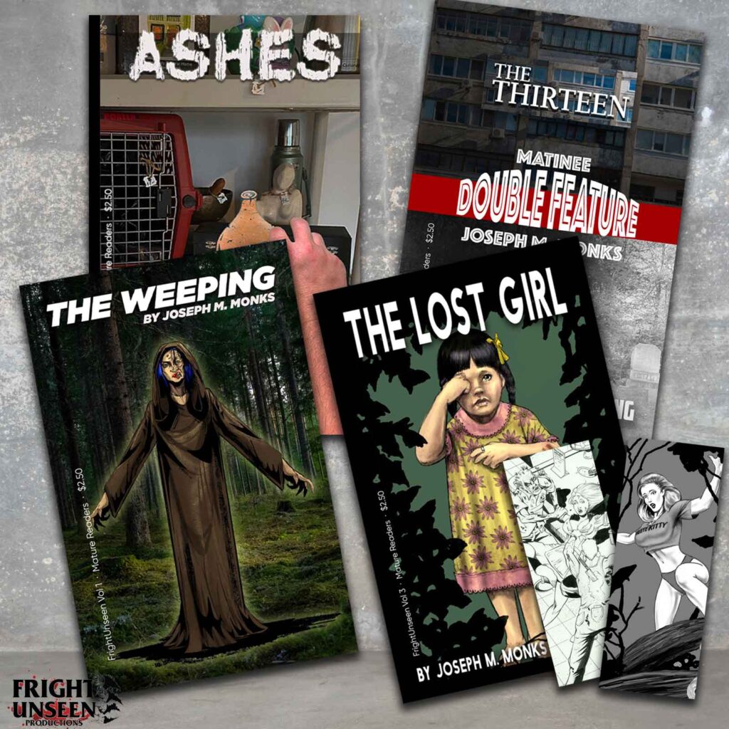 Collage of four volume covers, featuring Ashes, The Weeping, Double Feature and The Lost Girl